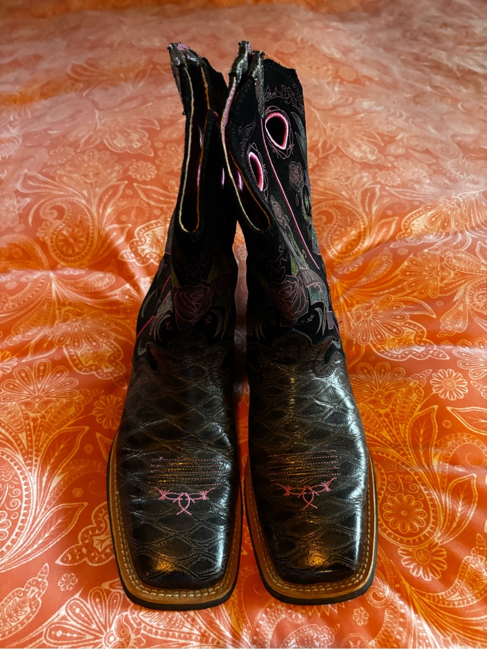 Ariat Black Leather Ankle Boots with Pink Embroidery